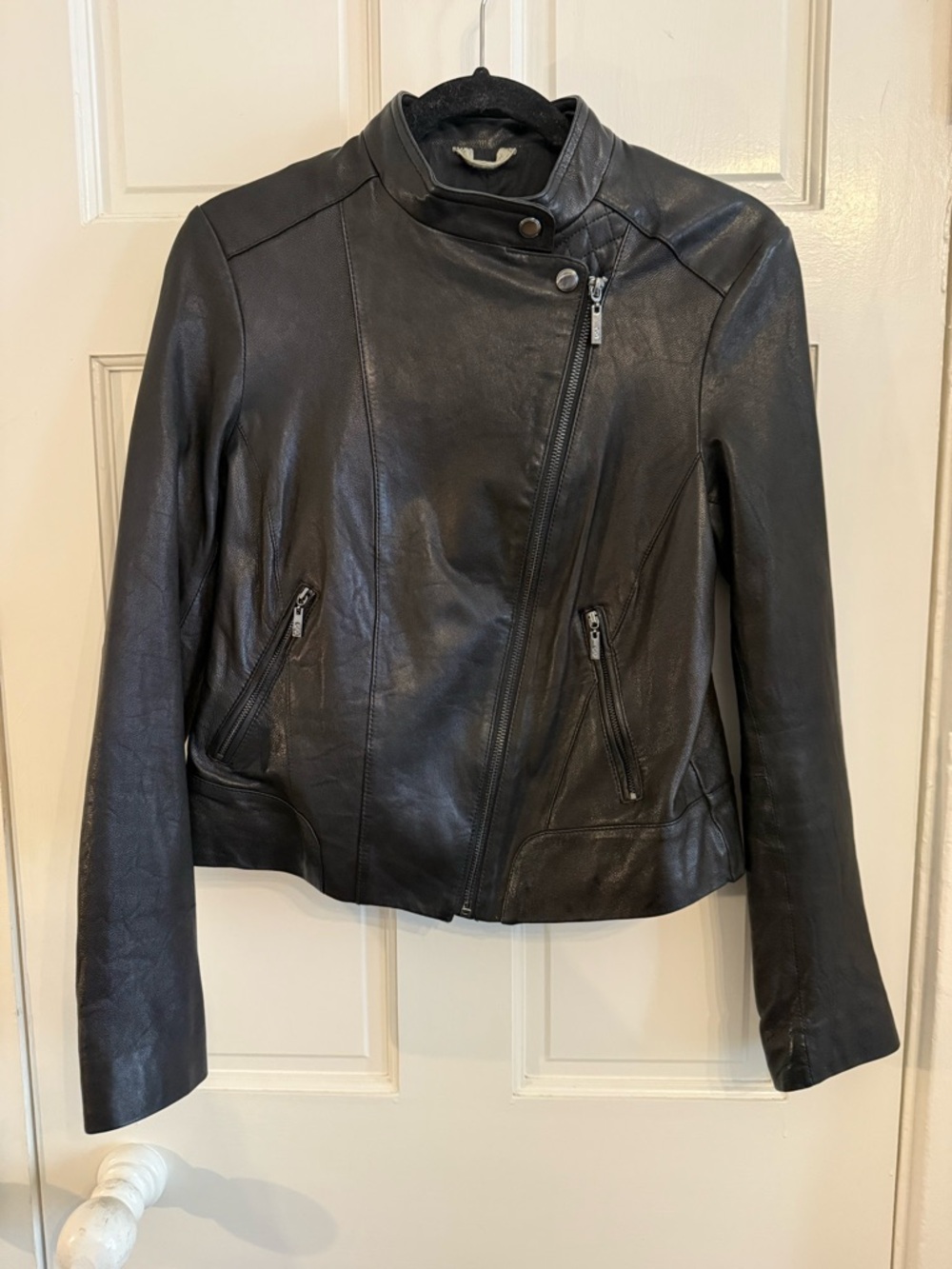 Cole Haan Womens Black Leather Asymmetrical Zip moto Jacket